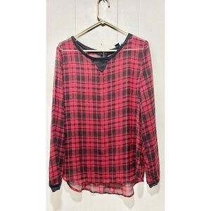 Womens Blouse XL Sheer Plaid Red Casual Lightweight Long Sleeves